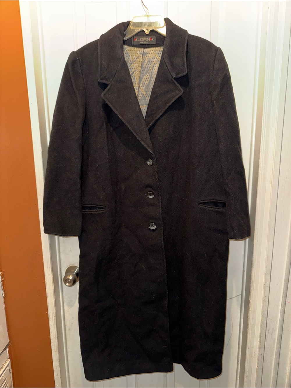 Vintage ALORNA Black Wool Blend Long Overcoat Coat Made in USA women’s size L/XL